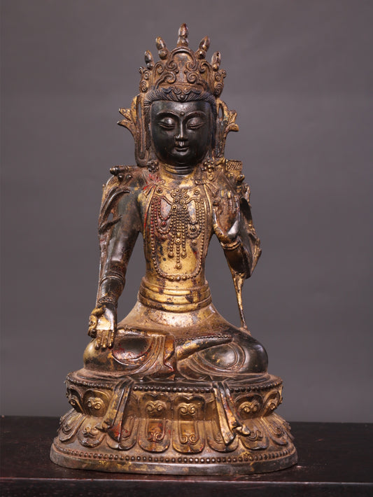 Ancient China Antique Ming Dynasty Copper Ware Gold-plated Statue Kwan-yin