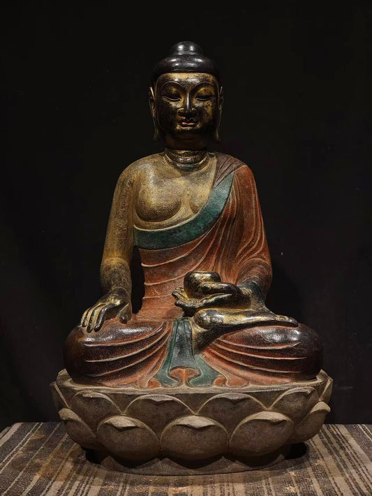 Ancient China Antique Tang Dynasty Ancient Stone Painted Statue Buddha - Tang Medicine Buddha