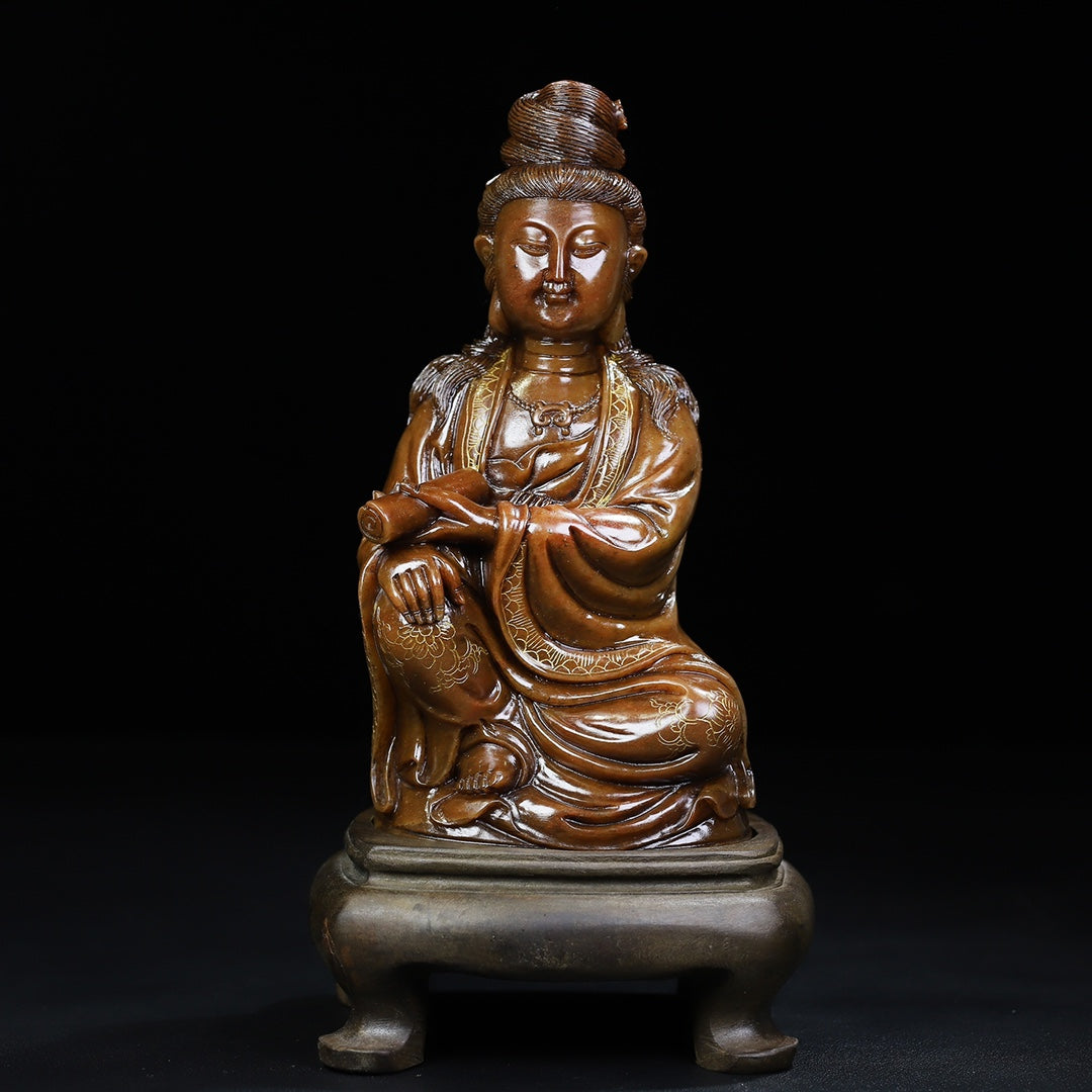 Ancient China Antique Qing Dynasty Shoushan Stone Statue Kwan-yin trace a design in gold