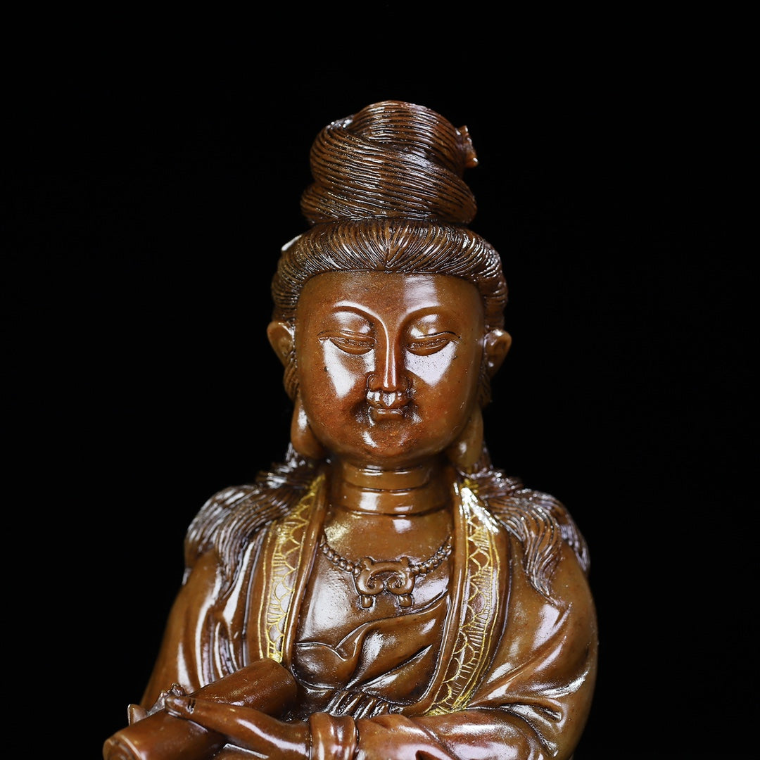 Ancient China Antique Qing Dynasty Shoushan Stone Statue Kwan-yin trace a design in gold