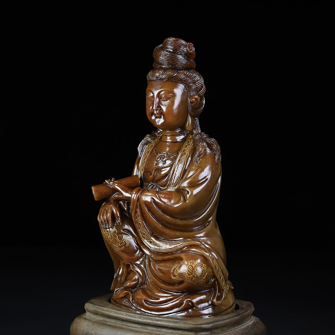 Ancient China Antique Qing Dynasty Shoushan Stone Statue Kwan-yin trace a design in gold