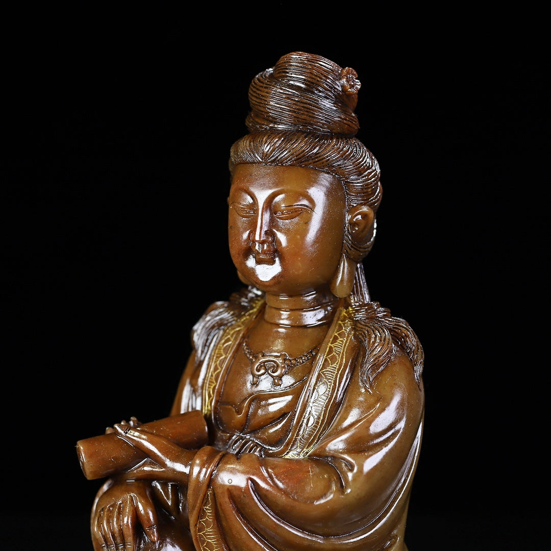 Ancient China Antique Qing Dynasty Shoushan Stone Statue Kwan-yin trace a design in gold