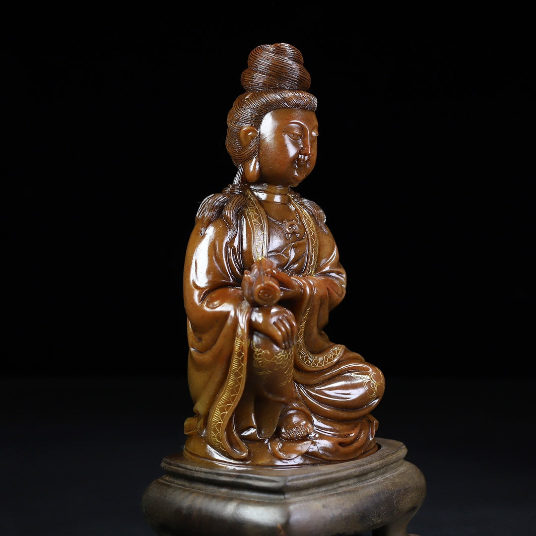 Ancient China Antique Qing Dynasty Shoushan Stone Statue Kwan-yin trace a design in gold