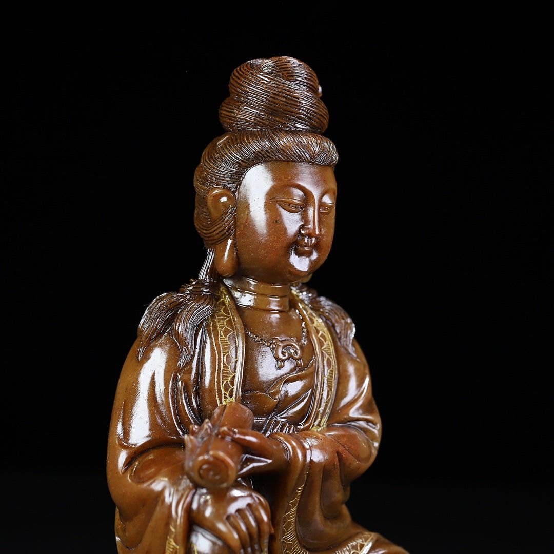 Ancient China Antique Qing Dynasty Shoushan Stone Statue Kwan-yin trace a design in gold