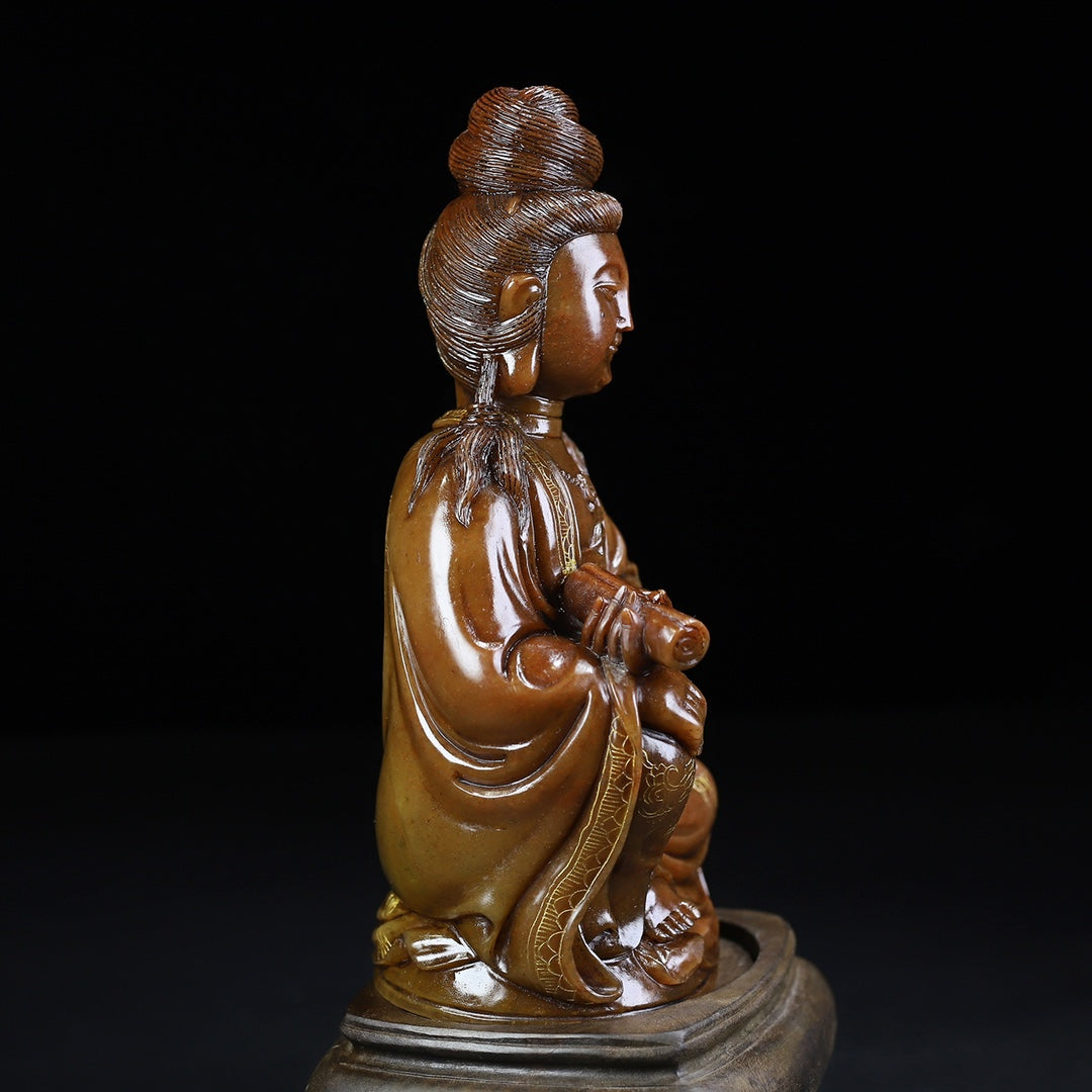 Ancient China Antique Qing Dynasty Shoushan Stone Statue Kwan-yin trace a design in gold