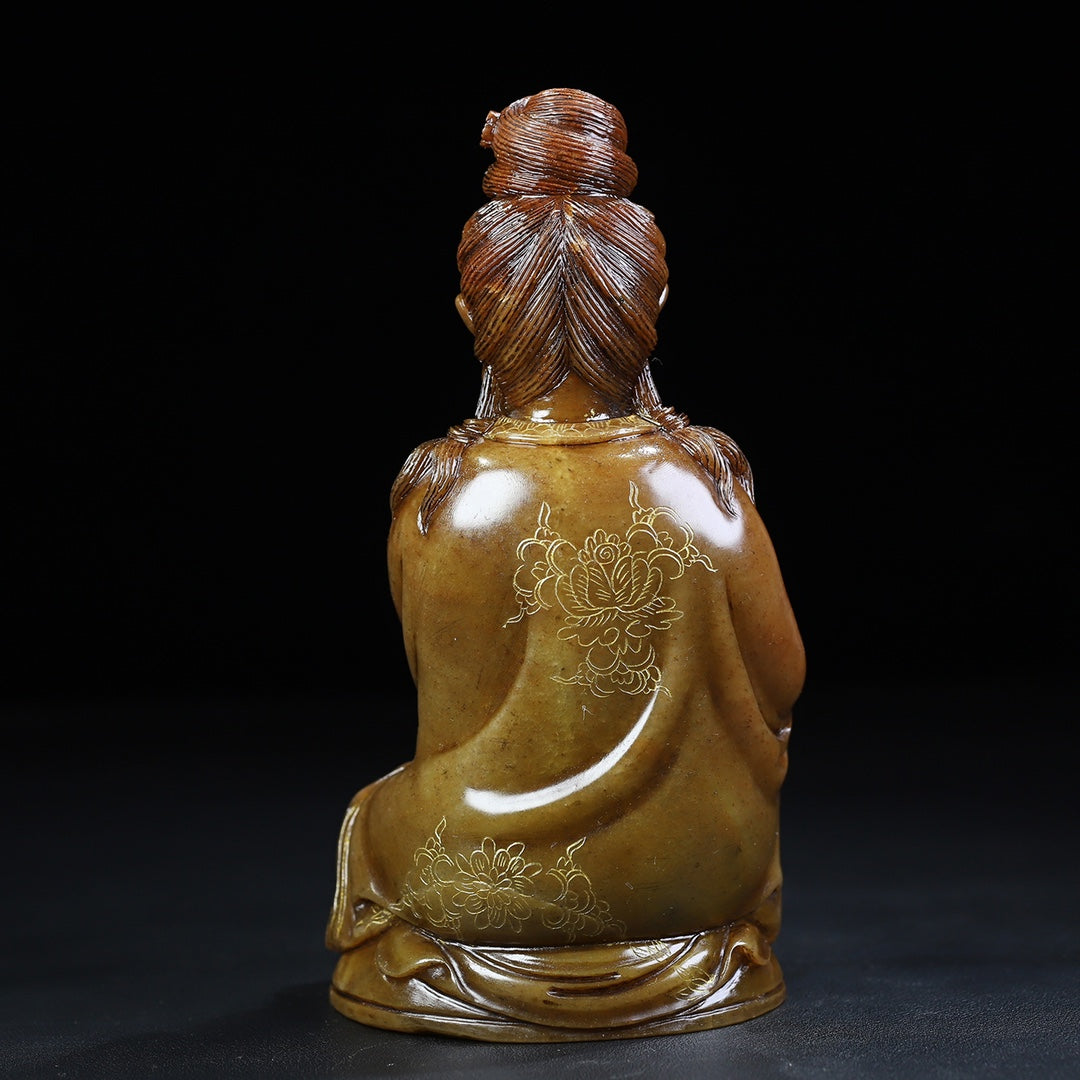 Ancient China Antique Qing Dynasty Shoushan Stone Statue Kwan-yin trace a design in gold
