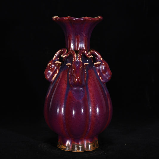 Ancient China Antique Song Dynasty Jun Kiln Crimson Ppurple Glaze Porcelain Three Sheep Zun Vases