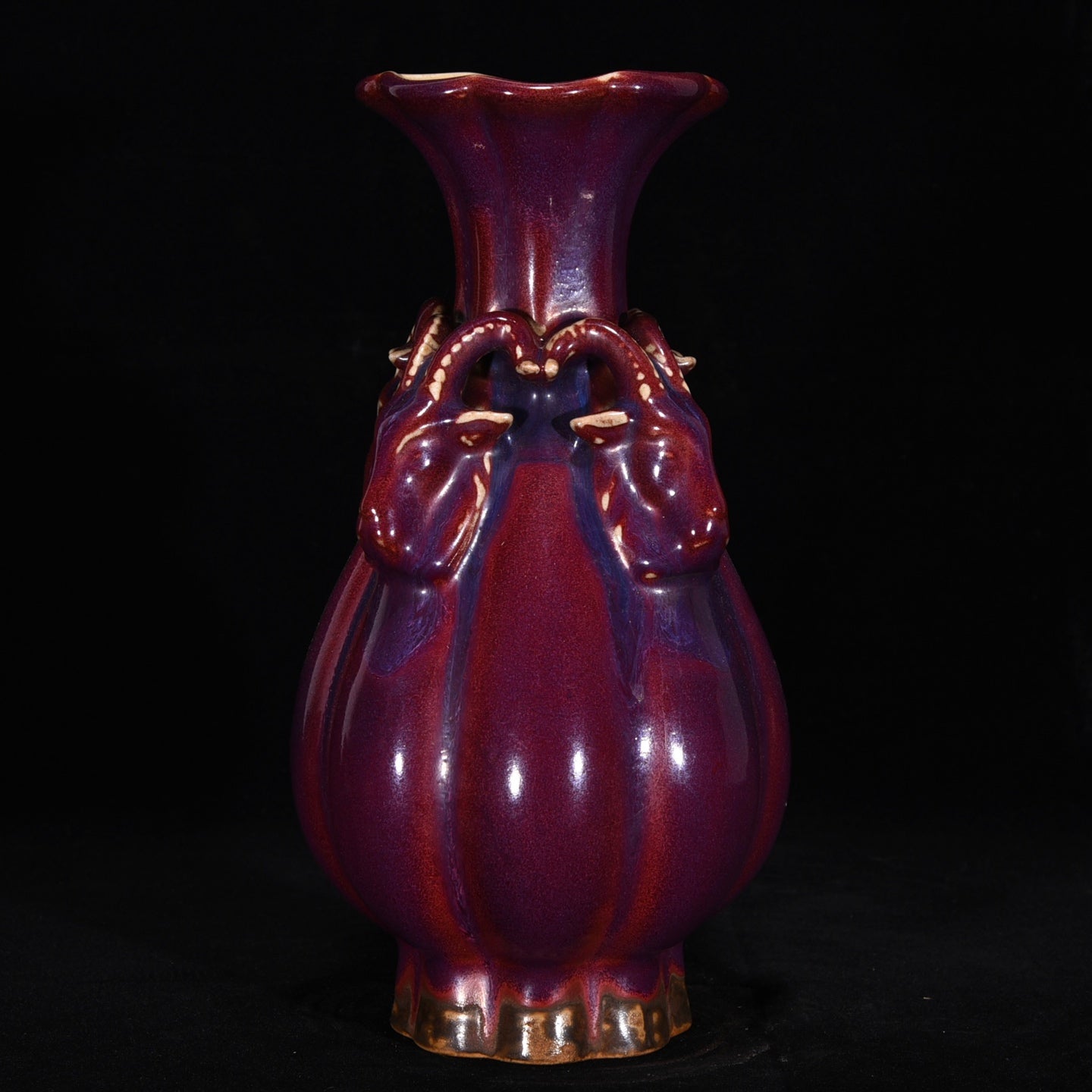 Ancient China Antique Song Dynasty Jun Kiln Crimson Ppurple Glaze Porcelain Three Sheep Zun Vases