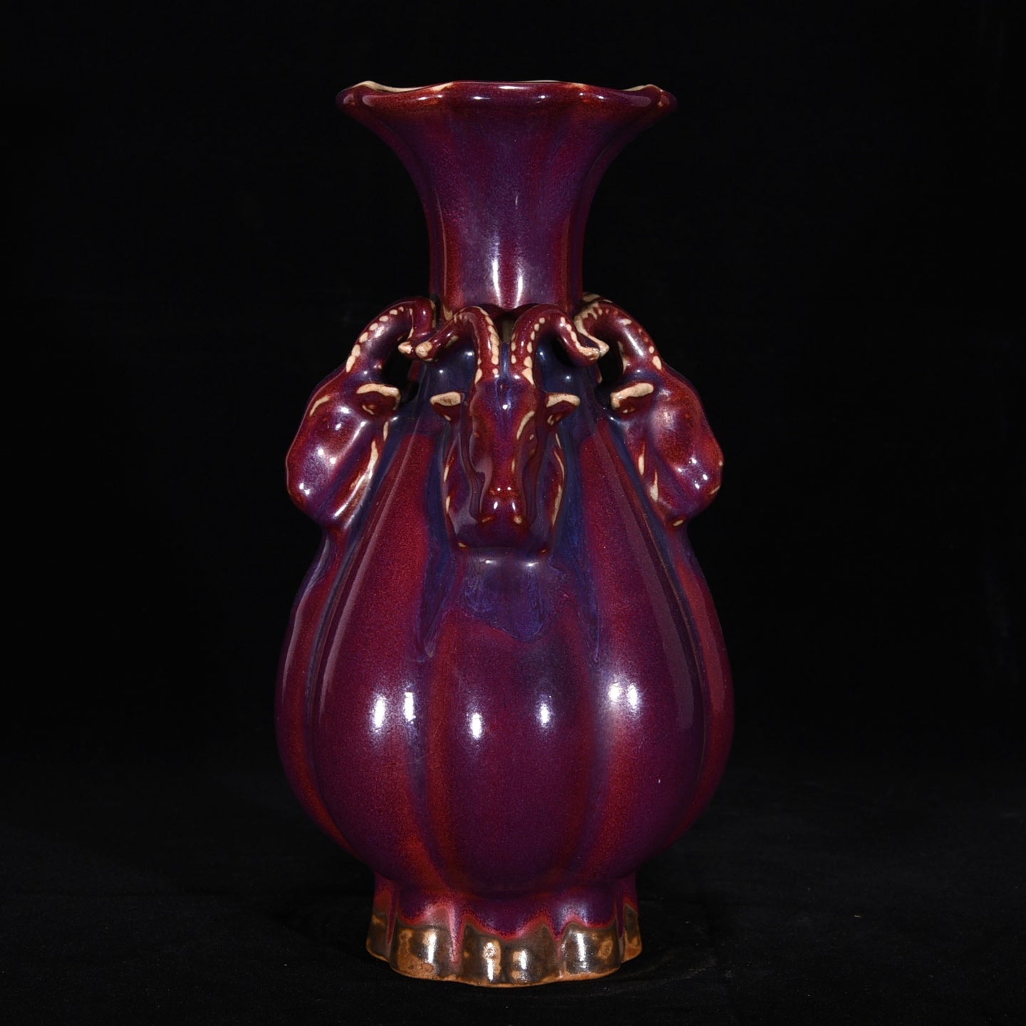 Ancient China Antique Song Dynasty Jun Kiln Crimson Ppurple Glaze Porcelain Three Sheep Zun Vases