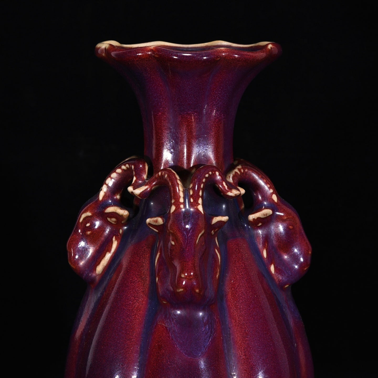 Ancient China Antique Song Dynasty Jun Kiln Crimson Ppurple Glaze Porcelain Three Sheep Zun Vases