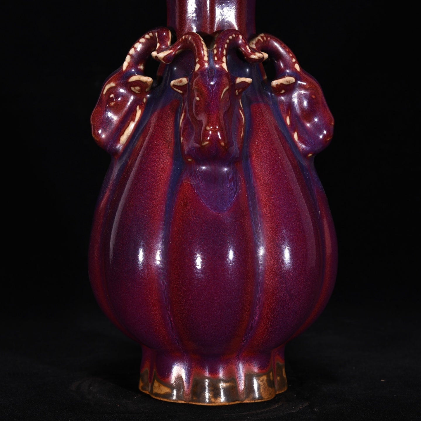 Ancient China Antique Song Dynasty Jun Kiln Crimson Ppurple Glaze Porcelain Three Sheep Zun Vases