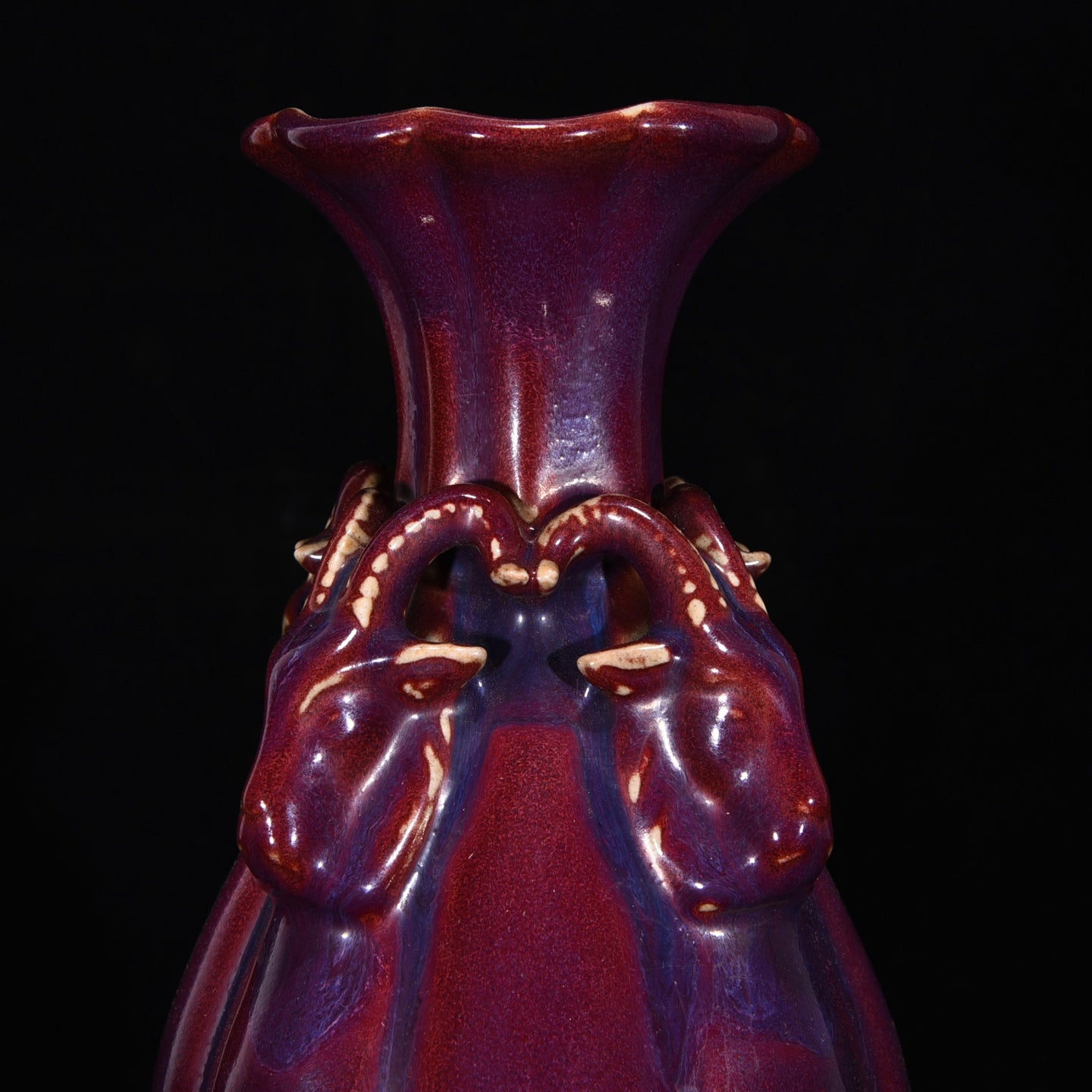Ancient China Antique Song Dynasty Jun Kiln Crimson Ppurple Glaze Porcelain Three Sheep Zun Vases