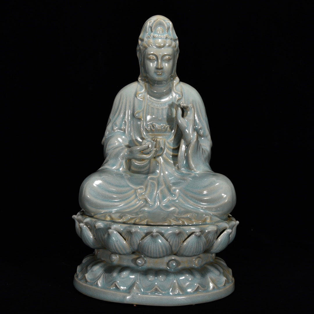 Ancient China Antique Song Dynasty Ru Kiln Qinglongsi Porcelain Statue Kwan-yin Ru Porcelain