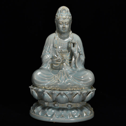 Ancient China Antique Song Dynasty Ru Kiln Qinglongsi Porcelain Statue Kwan-yin Ru Porcelain