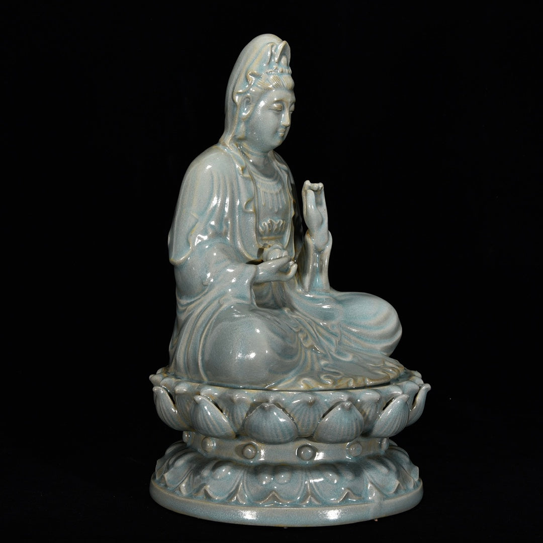 Ancient China Antique Song Dynasty Ru Kiln Qinglongsi Porcelain Statue Kwan-yin Ru Porcelain