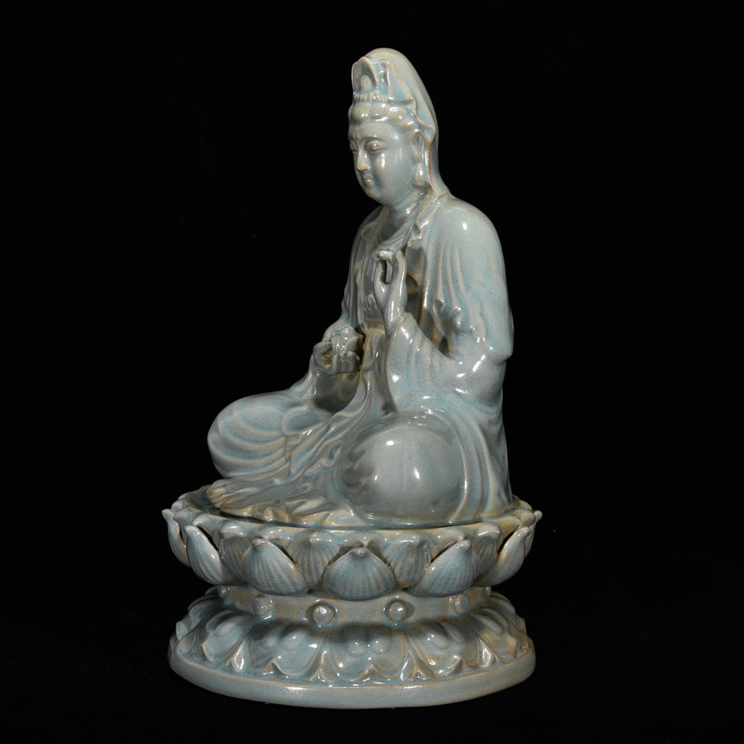 Ancient China Antique Song Dynasty Ru Kiln Qinglongsi Porcelain Statue Kwan-yin Ru Porcelain