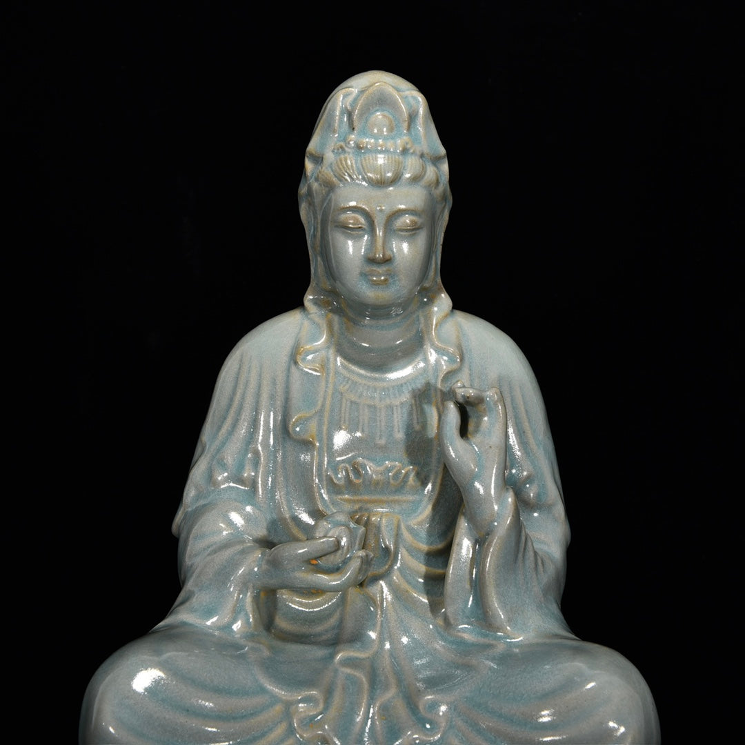 Ancient China Antique Song Dynasty Ru Kiln Qinglongsi Porcelain Statue Kwan-yin Ru Porcelain