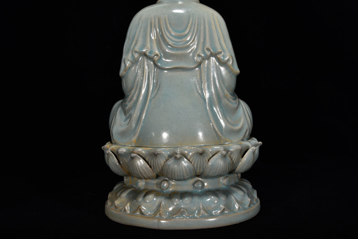 Ancient China Antique Song Dynasty Ru Kiln Qinglongsi Porcelain Statue Kwan-yin Ru Porcelain