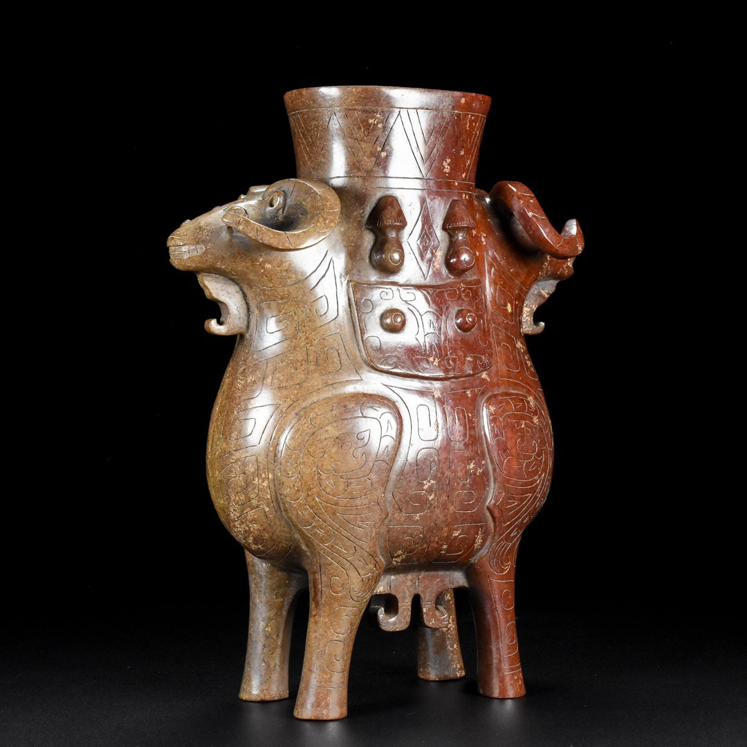 Ancient China Antique Warring States Period Hetian Ancient Jade Dragon Design Sheep Zun Jade Zun