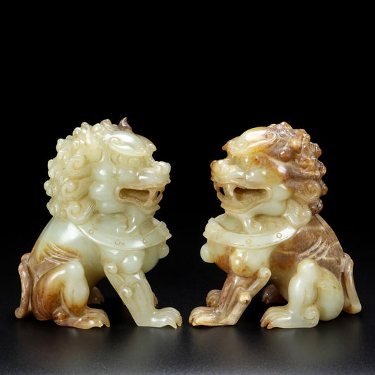 Ancient China Antique Qing Dynasty Hetian Jade Statue Jade Lion A Pair