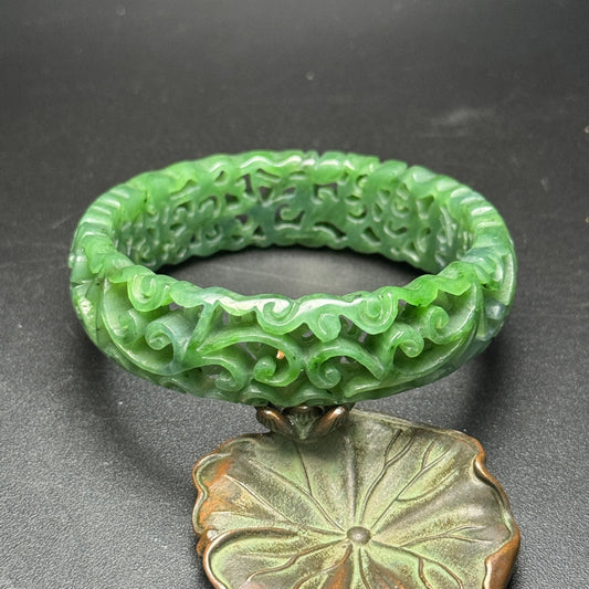 Ancient China Antique Qing Dynasty Jadeite Jade Through-carved work Flower Jadeite Jade Bracelets