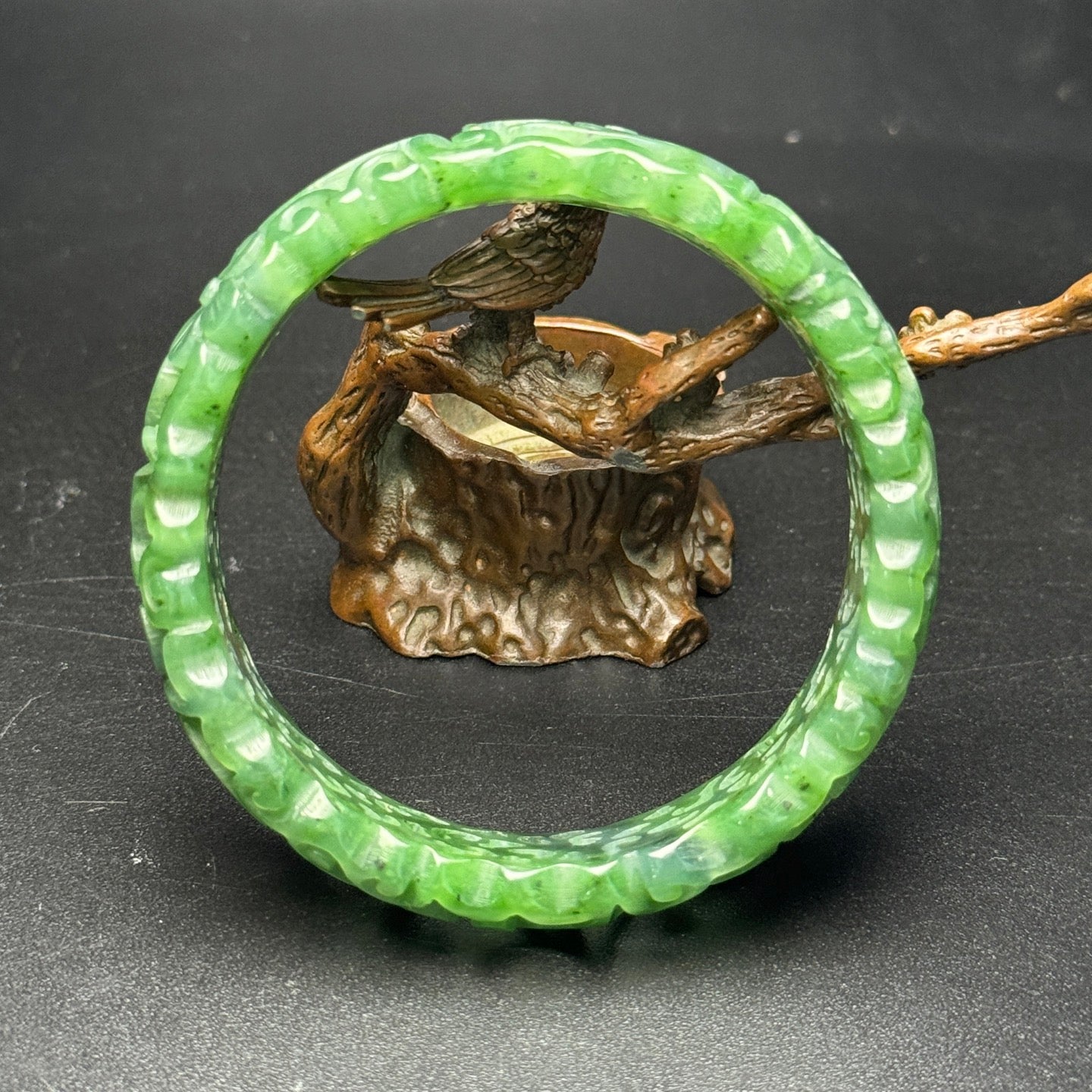 Ancient China Antique Qing Dynasty Jadeite Jade Through-carved work Flower Jadeite Jade Bracelets