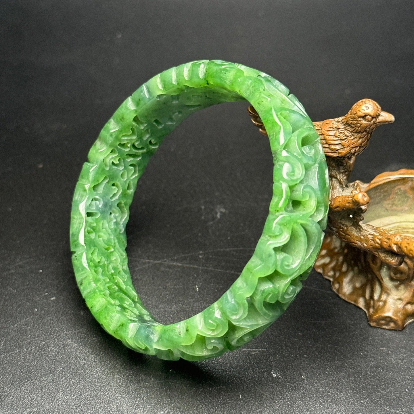 Ancient China Antique Qing Dynasty Jadeite Jade Through-carved work Flower Jadeite Jade Bracelets
